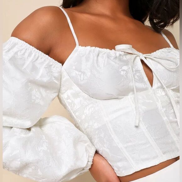 NWT Lulus Romantic Expression Ivory Jacquard Off-the-Shoulder Bustier Top - Picture 6 of 10
